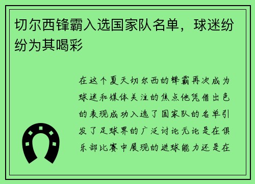 切尔西锋霸入选国家队名单，球迷纷纷为其喝彩