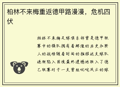 柏林不来梅重返德甲路漫漫，危机四伏