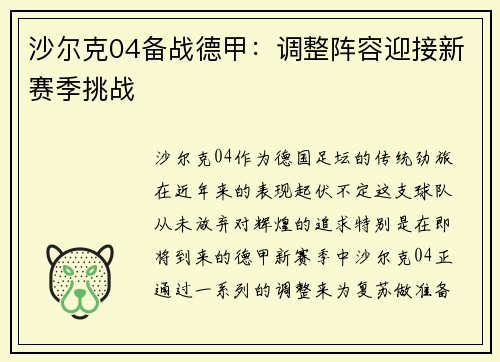 沙尔克04备战德甲：调整阵容迎接新赛季挑战