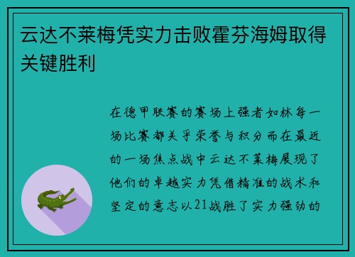 云达不莱梅凭实力击败霍芬海姆取得关键胜利