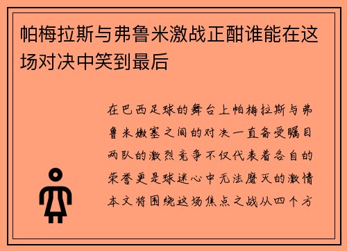 帕梅拉斯与弗鲁米激战正酣谁能在这场对决中笑到最后