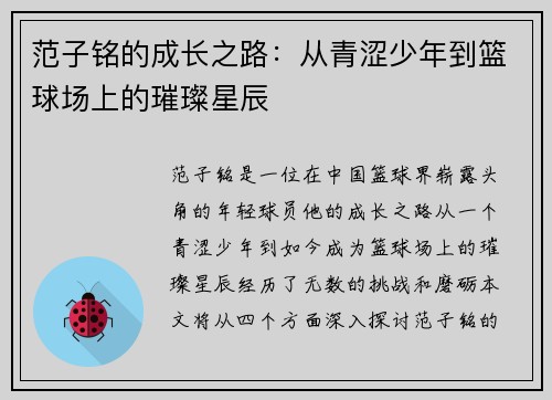 范子铭的成长之路：从青涩少年到篮球场上的璀璨星辰