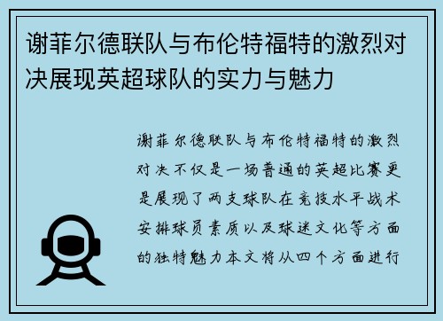 谢菲尔德联队与布伦特福特的激烈对决展现英超球队的实力与魅力