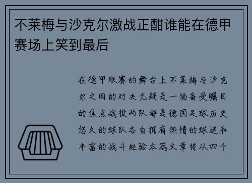 不莱梅与沙克尔激战正酣谁能在德甲赛场上笑到最后
