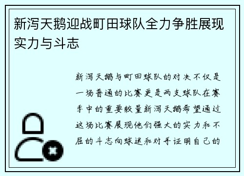 新泻天鹅迎战町田球队全力争胜展现实力与斗志