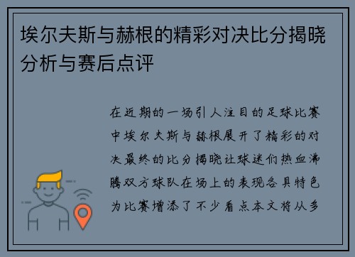 埃尔夫斯与赫根的精彩对决比分揭晓分析与赛后点评