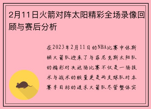 2月11日火箭对阵太阳精彩全场录像回顾与赛后分析