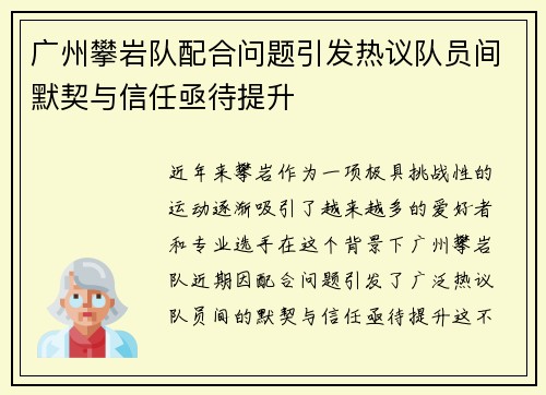 广州攀岩队配合问题引发热议队员间默契与信任亟待提升