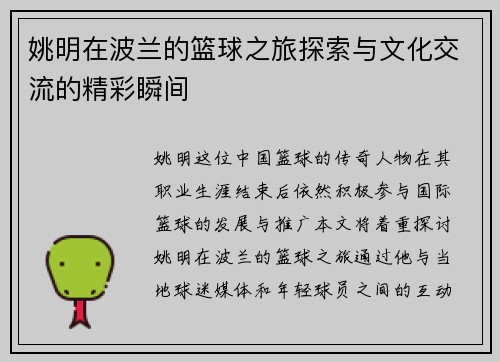 姚明在波兰的篮球之旅探索与文化交流的精彩瞬间