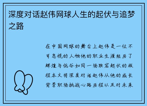 深度对话赵伟网球人生的起伏与追梦之路