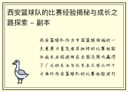 西安篮球队的比赛经验揭秘与成长之路探索 - 副本